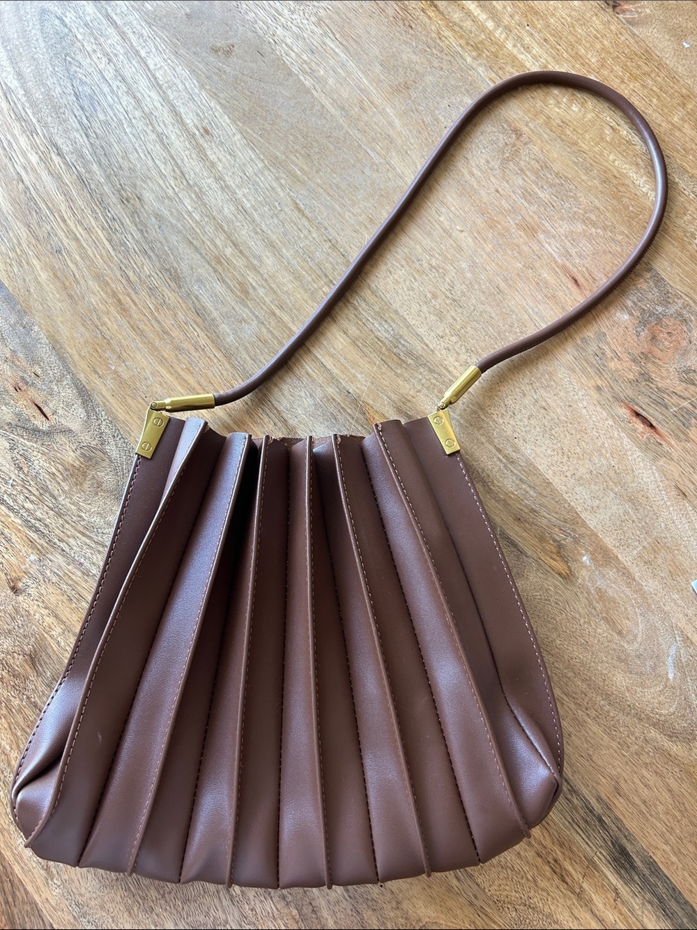 Pleated Brown Shoulder Bag with Gold Accents